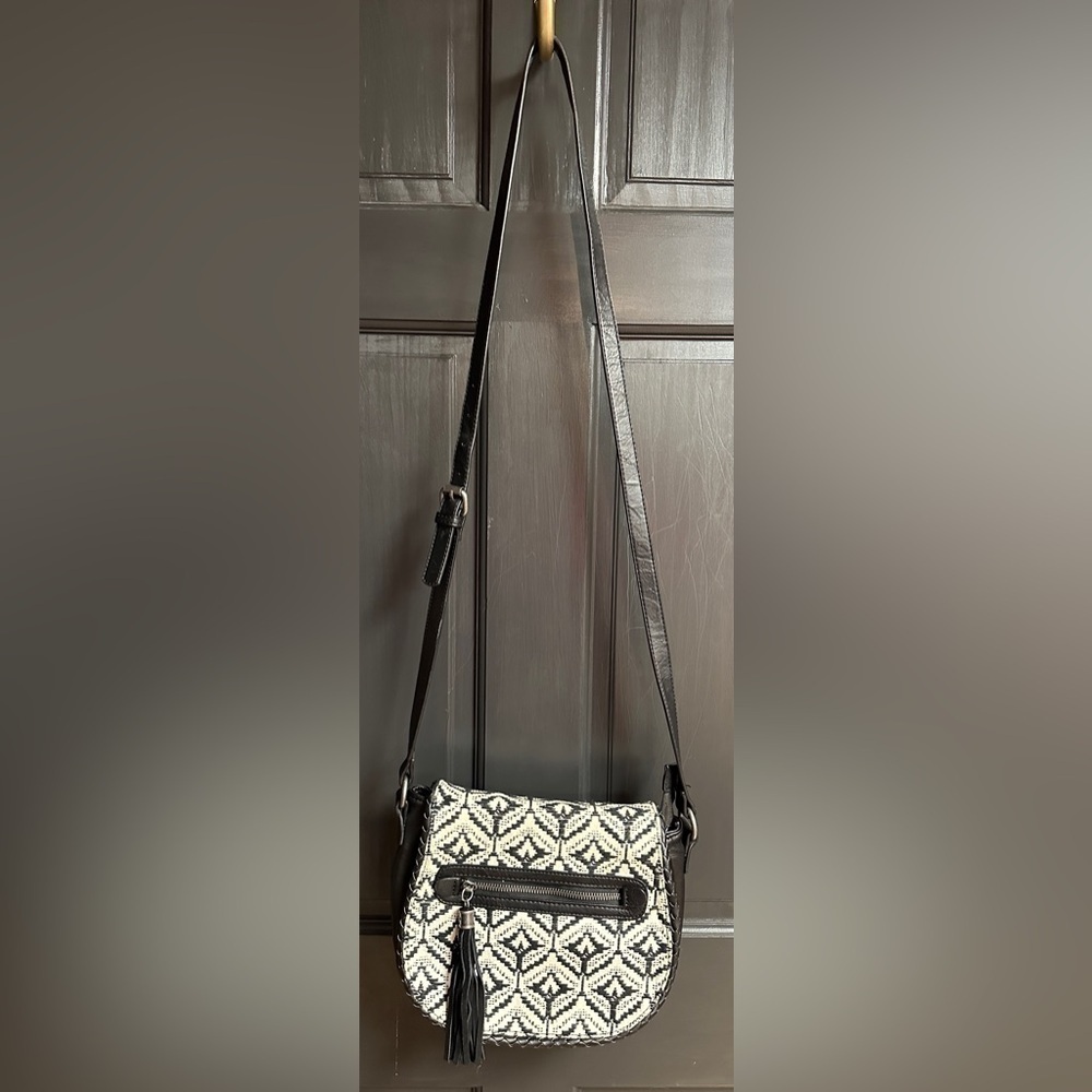 Dolce Vita Black Faux Leather Crossbody Black & White Design Fold Over Flap